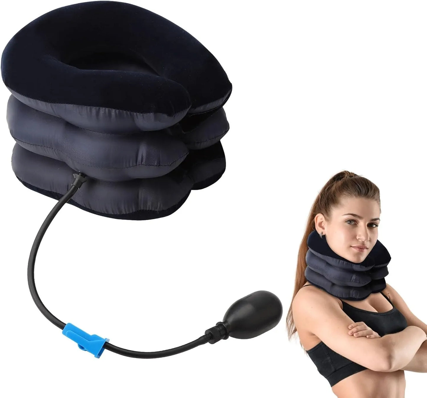 Inflatable Cervical Neck Traction Device with 3-Layer Adjustable Air Support, Soft Flocked Fabric, Manual Air Pump & Universal Adjustable Strap for Neck Pain Relief, Posture Correction & Cervical Support