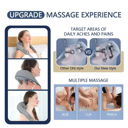 Rechargeable High Quality Neck Massager for Pain Relief with 6D Deep Tissue Kneading, Heat Function, 2 Massage Modes, 2 Intensity Levels, Wearable Electric Massager for Neck, Back, Shoulder, Waist & Legs
