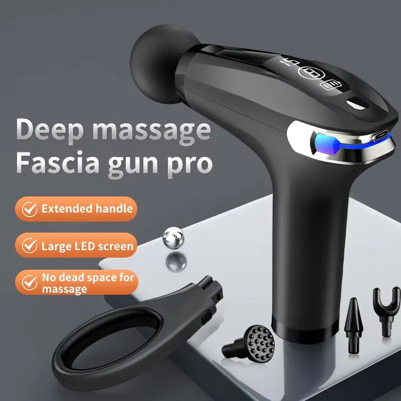Blueidea BLD-326 Fascial Gun Pro Massager 7.4V 30W LED Display Extended Handle 2 Modes 8-Gear Speed Cordless Deep Tissue Massage Gun with 4 Heads for Muscle Relief & Recovery