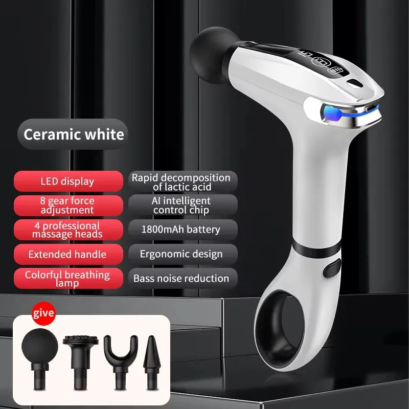Blueidea BLD-326 Fascial Gun Pro Massager 7.4V 30W LED Display Extended Handle 2 Modes 8-Gear Speed Cordless Deep Tissue Massage Gun with 4 Heads for Muscle Relief & Recovery