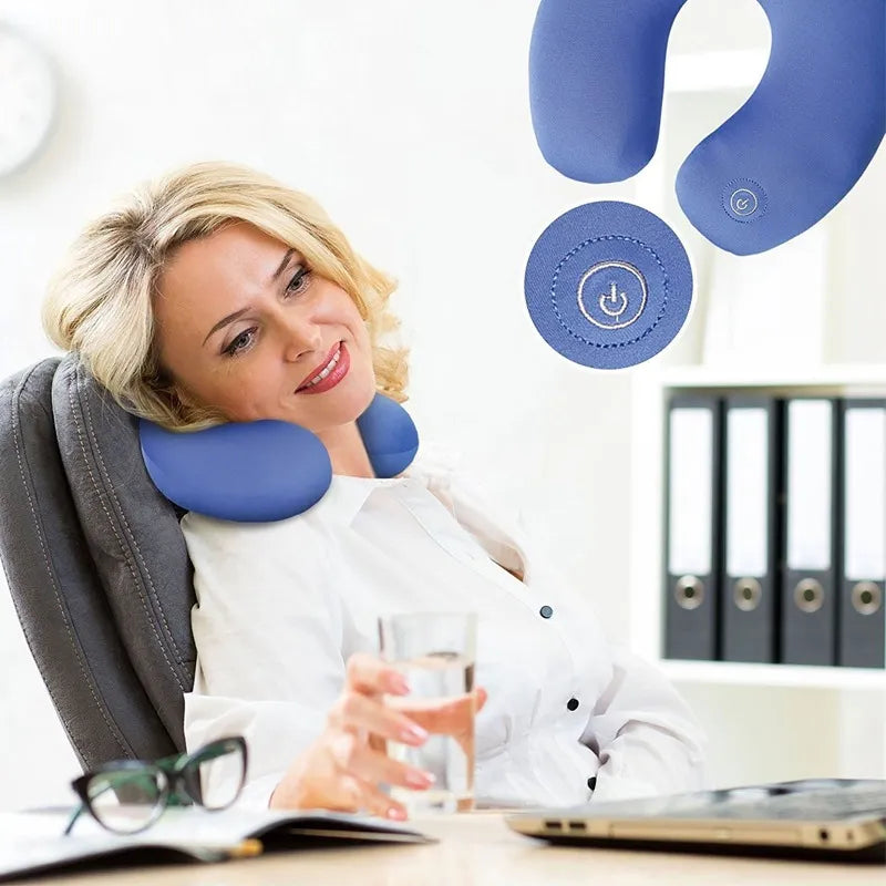 Travel Neck Massager Pillow U-Shape Vibrating Neck Cushion with Flannel Material, M+emory Foam, MP3 Support & 2 AA Battery Power Supply
