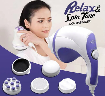 Electric Spin Tone Body Massager Machine AC 220V 60Hz 25W with 5 Removable Heads, Adjustable Speed, Dial Control, 7.5cm Roller Head, Portable 1.0kg Slimming & Relax Full Body Massage Device