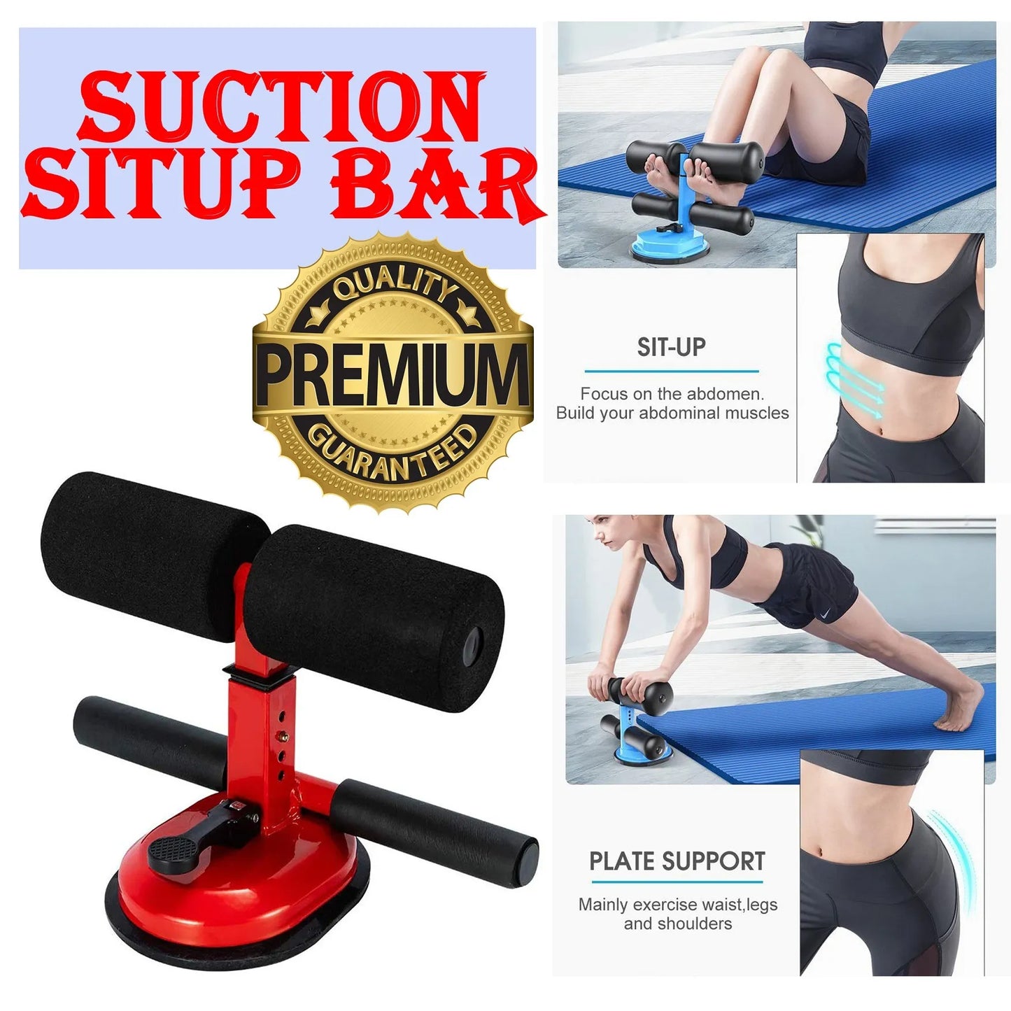 Adjustable Sit-Up Bar with 3 Gear Adjustment, Strong Self-Suction Base, Cold Rolled Steel Frame & Foam Handles, Portable Abdominal Exercise Equipment for Sit-Ups & Home Fitness Training (26×31.8×18–20cm)