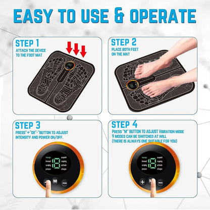EMS Portable Foot Massager Mat USB Rechargeable with 6 Modes, 9 Intensity Levels, EMS Pulse Therapy, 15-Min Timer & 320×290mm Pad for Foot Pain Relief, Blood Circulation & Muscle Relaxation