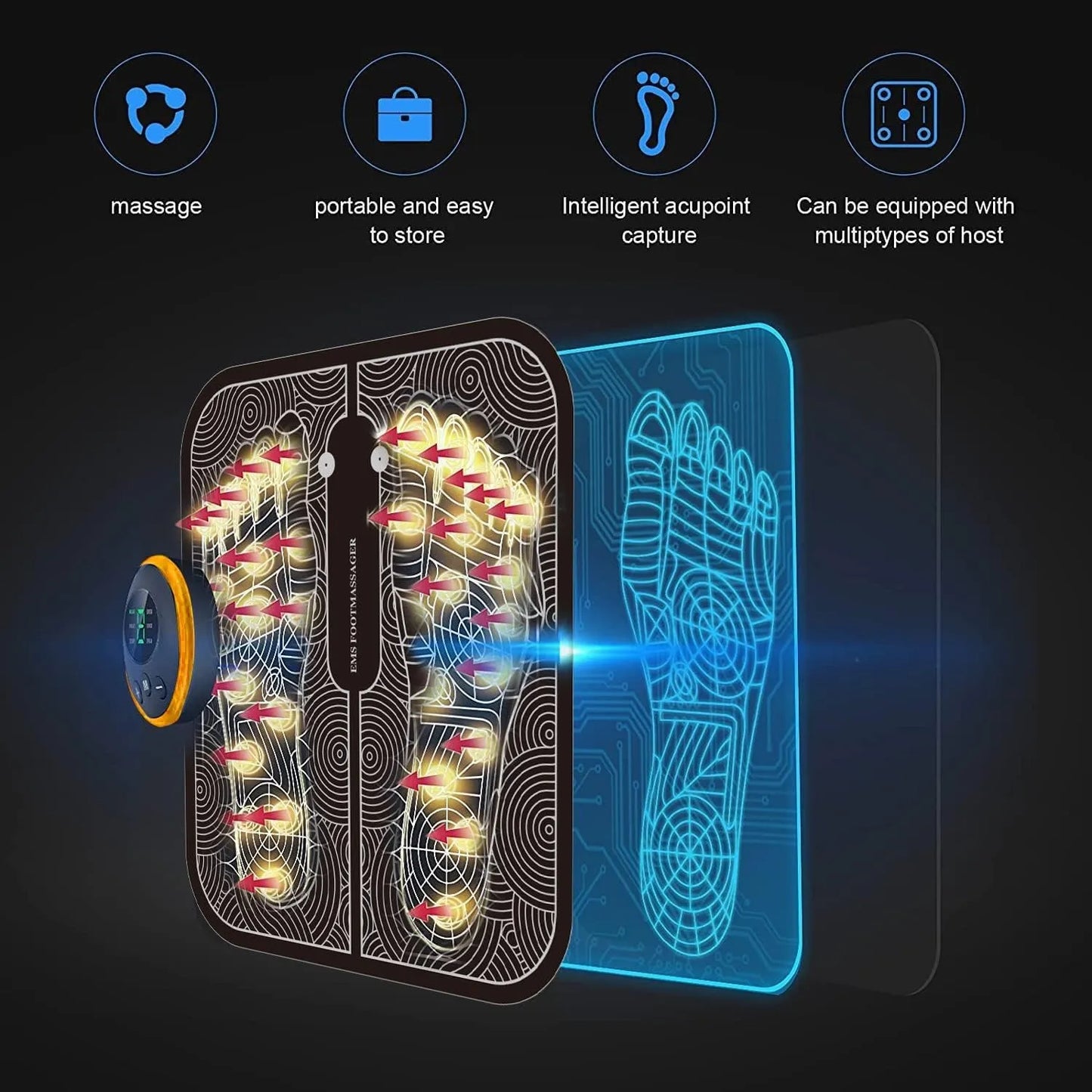 EMS Portable Foot Massager Mat USB Rechargeable with 6 Modes, 9 Intensity Levels, EMS Pulse Therapy, 15-Min Timer & 320×290mm Pad for Foot Pain Relief, Blood Circulation & Muscle Relaxation
