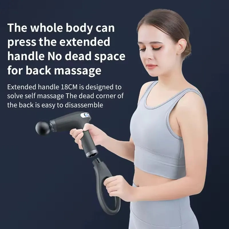 Blueidea BLD-326 Fascial Gun Pro Massager 7.4V 30W LED Display Extended Handle 2 Modes 8-Gear Speed Cordless Deep Tissue Massage Gun with 4 Heads for Muscle Relief & Recovery