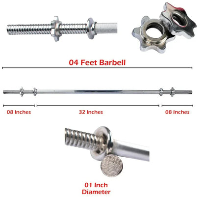 Iron Steel Barbell Rod (3ft, 4ft, 5ft, 6ft) | 1-Inch Chrome Finish Solid Weight Lifting Bar with Diamond Knurled Grip, Spinlock Collars for Home & Gym