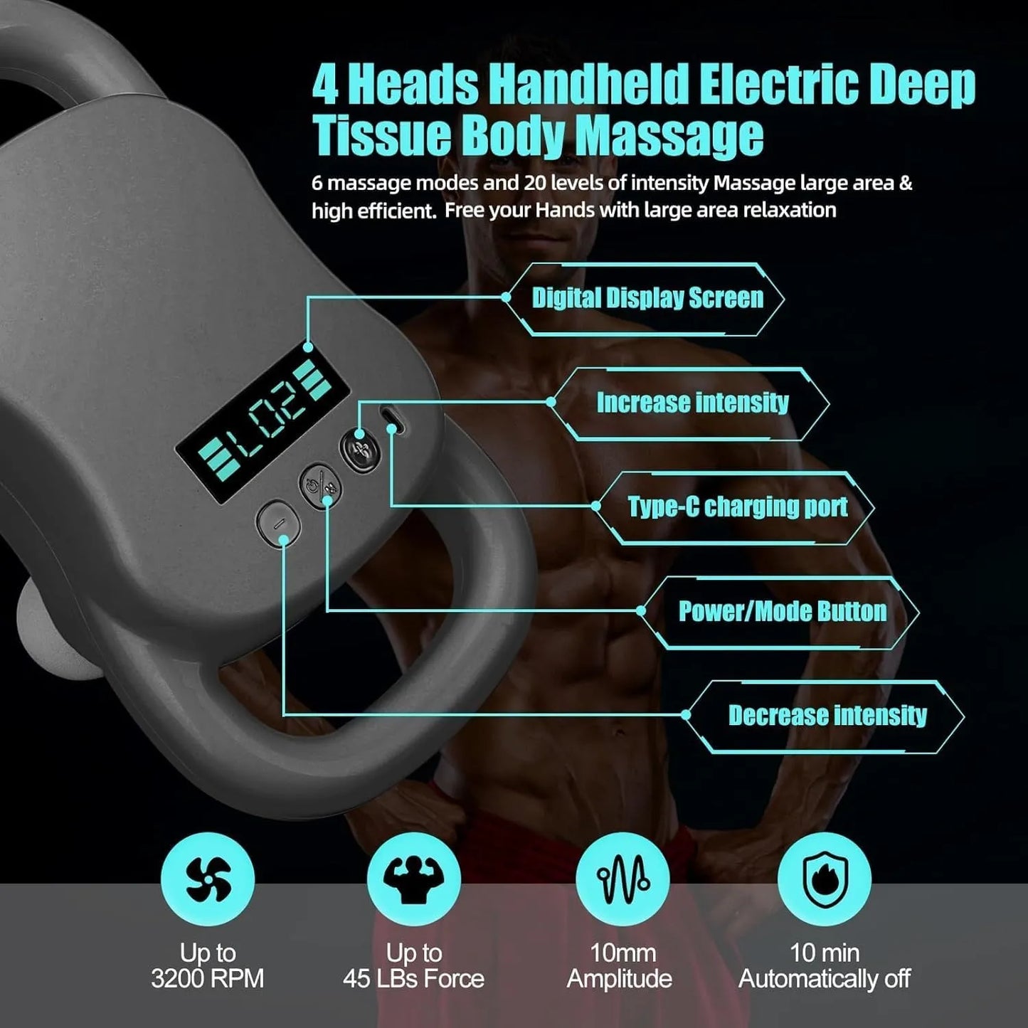 Deep Tissue Massage Gun 4-Heads Handheld Electric Percussion Massager Rechargeable Cordless Body Massager for Pain Relief in Back, Neck, Shoulder & Legs Muscle Relaxation & Recovery