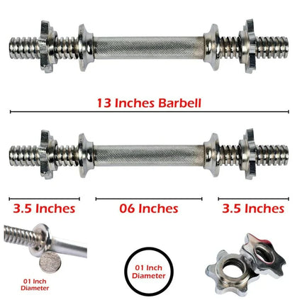 13-Inch Chrome Dumbbell Rod Pair (Pack of 2) | 1-Inch Diameter Heavy-Duty Steel Handles, Spin Lock Collars, 6-Inch Knurled Grip & Adjustable Weight Plate Support