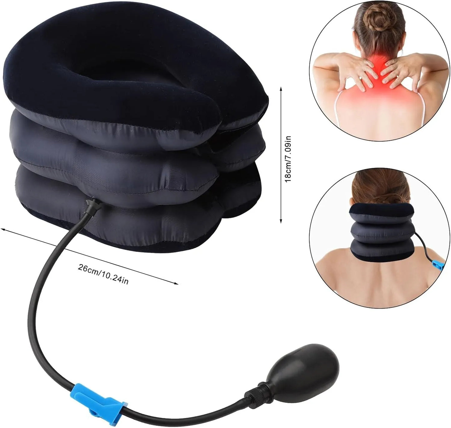 Inflatable Cervical Neck Traction Device with 3-Layer Adjustable Air Support, Soft Flocked Fabric, Manual Air Pump & Universal Adjustable Strap for Neck Pain Relief, Posture Correction & Cervical Support