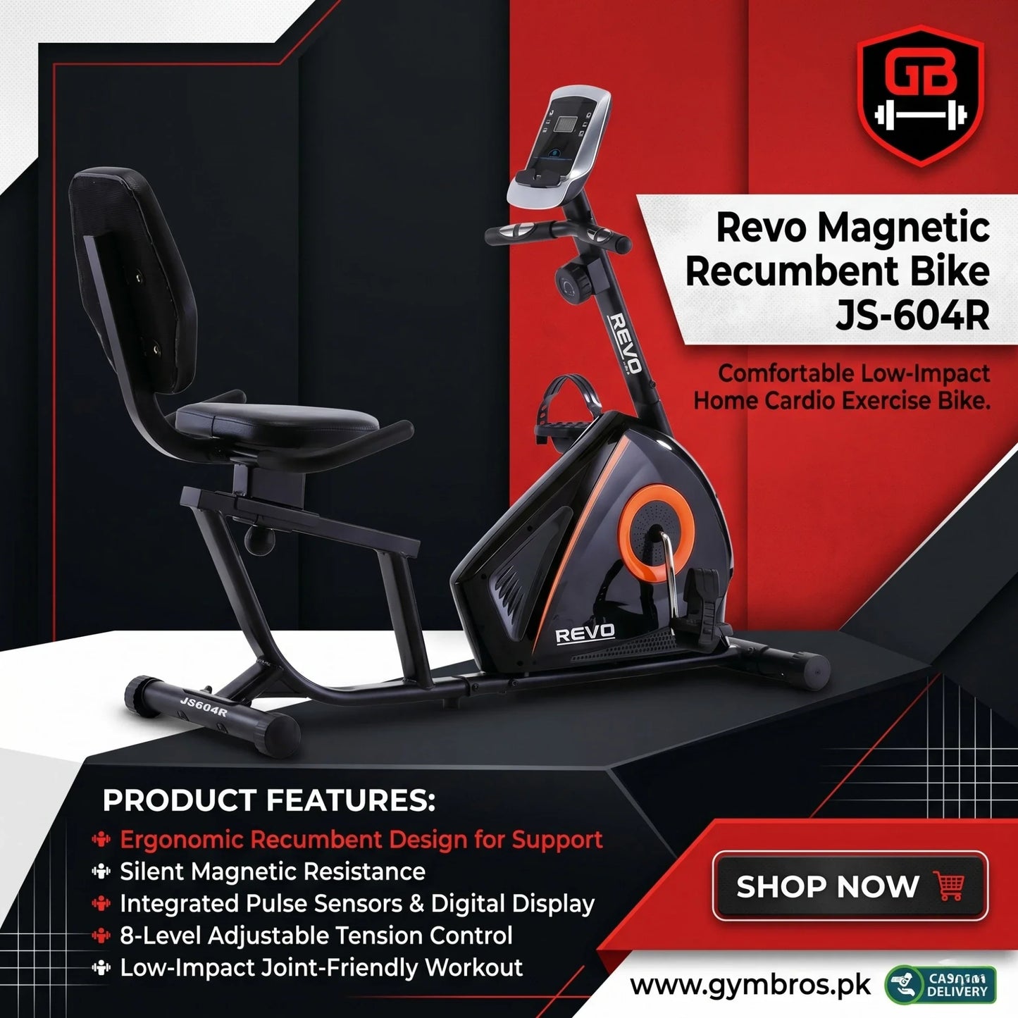 Revo Magnetic Recumbent Bike JS-604R – Comfortable Low-Impact Home Cardio Exercise Bike
