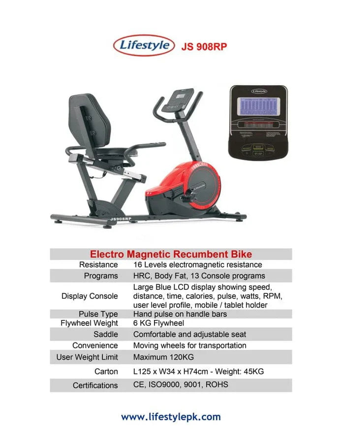 Lifestyle JS908RP Electromagnetic Recumbent Bike – Premium Home Cardio Station with 16 Resistance Levels, 8KG Flywheel & 120KG Capacity