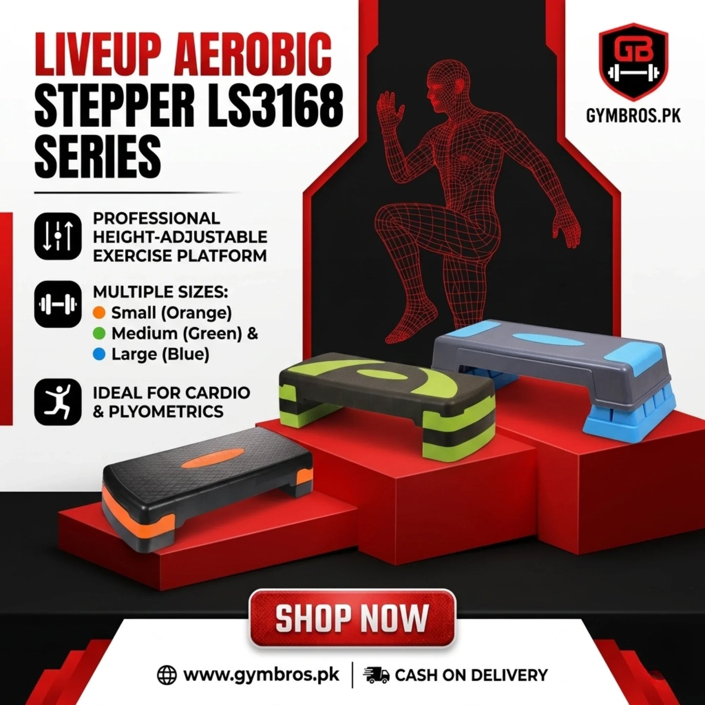 Liveup Aerobic Stepper LS3168 Series – Professional Height-Adjustable Exercise Platform | Small (Orange), Medium (Green) & Large (Blue) for Cardio & Plyometrics