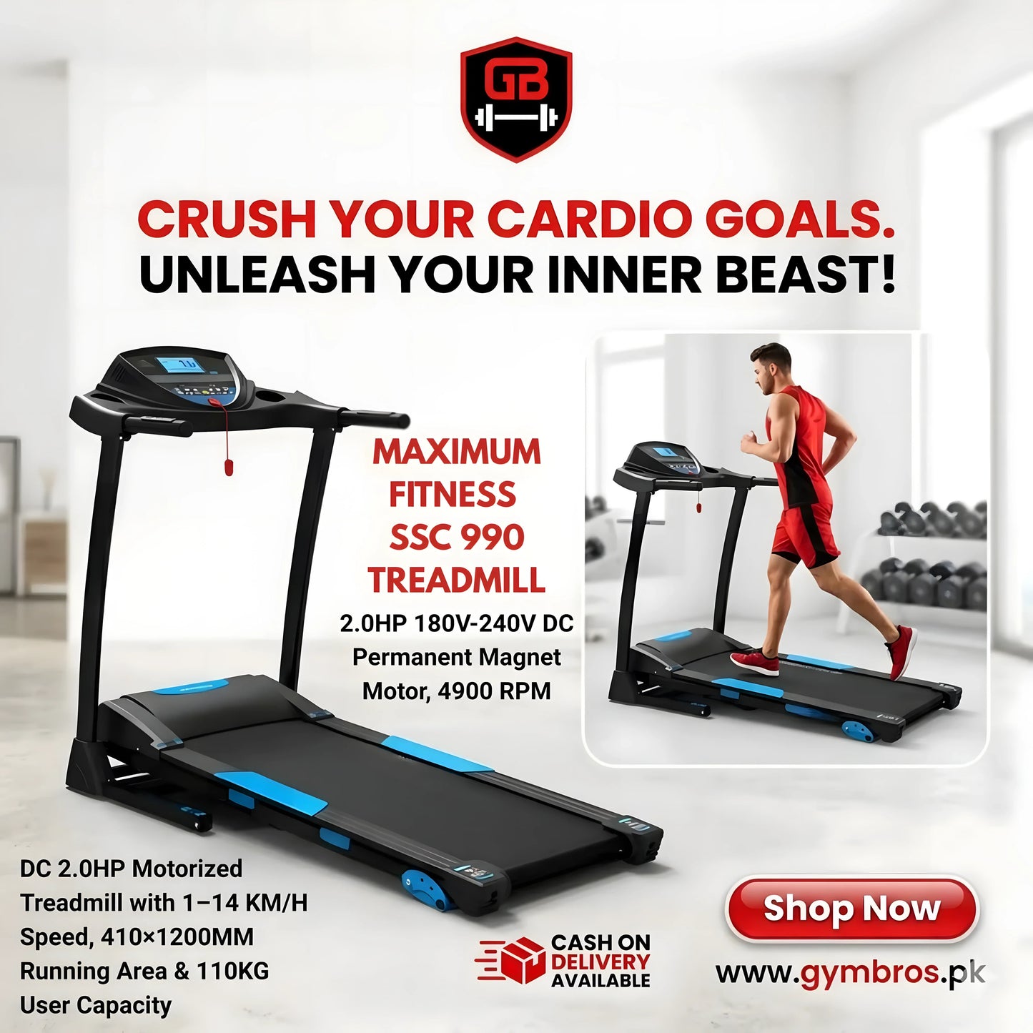 MAXIMUM FITNESS SSC 990 Motorized Treadmill | 2.0HP 180V-240V DC Permanent Magnet Motor, 4900 RPM | 1–14 KM/H Speed, 410×1200MM Running Area, 3% Manual Incline & 110KG User Capacity