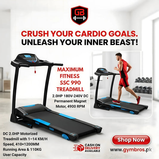 MAXIMUM FITNESS SSC 990 Motorized Treadmill | 2.0HP 180V-240V DC Permanent Magnet Motor, 4900 RPM | 1–14 KM/H Speed, 410×1200MM Running Area, 3% Manual Incline & 110KG User Capacity