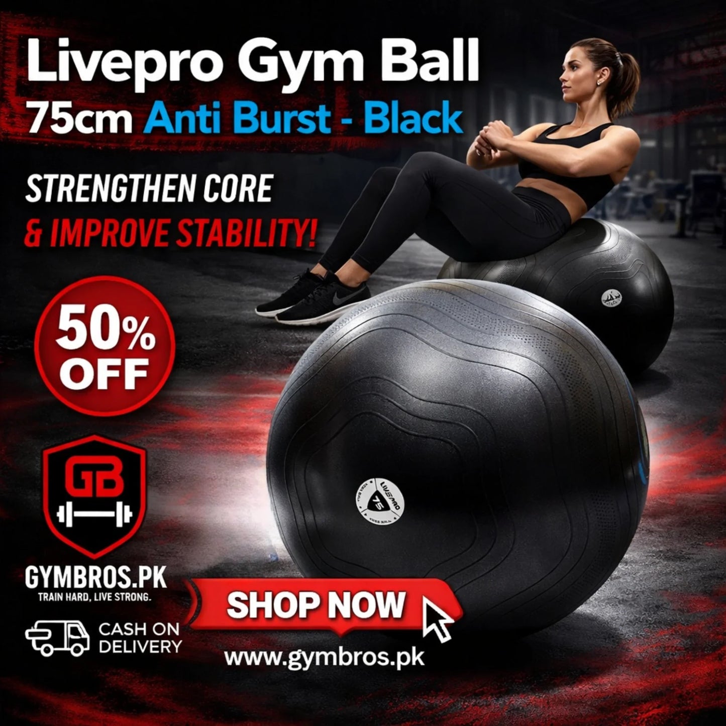 LivePro Anti-Burst Exercise Gym Ball – Professional Stability Ball for Yoga & Core Training (55cm Purple, 65cm Blue, 75cm Black)