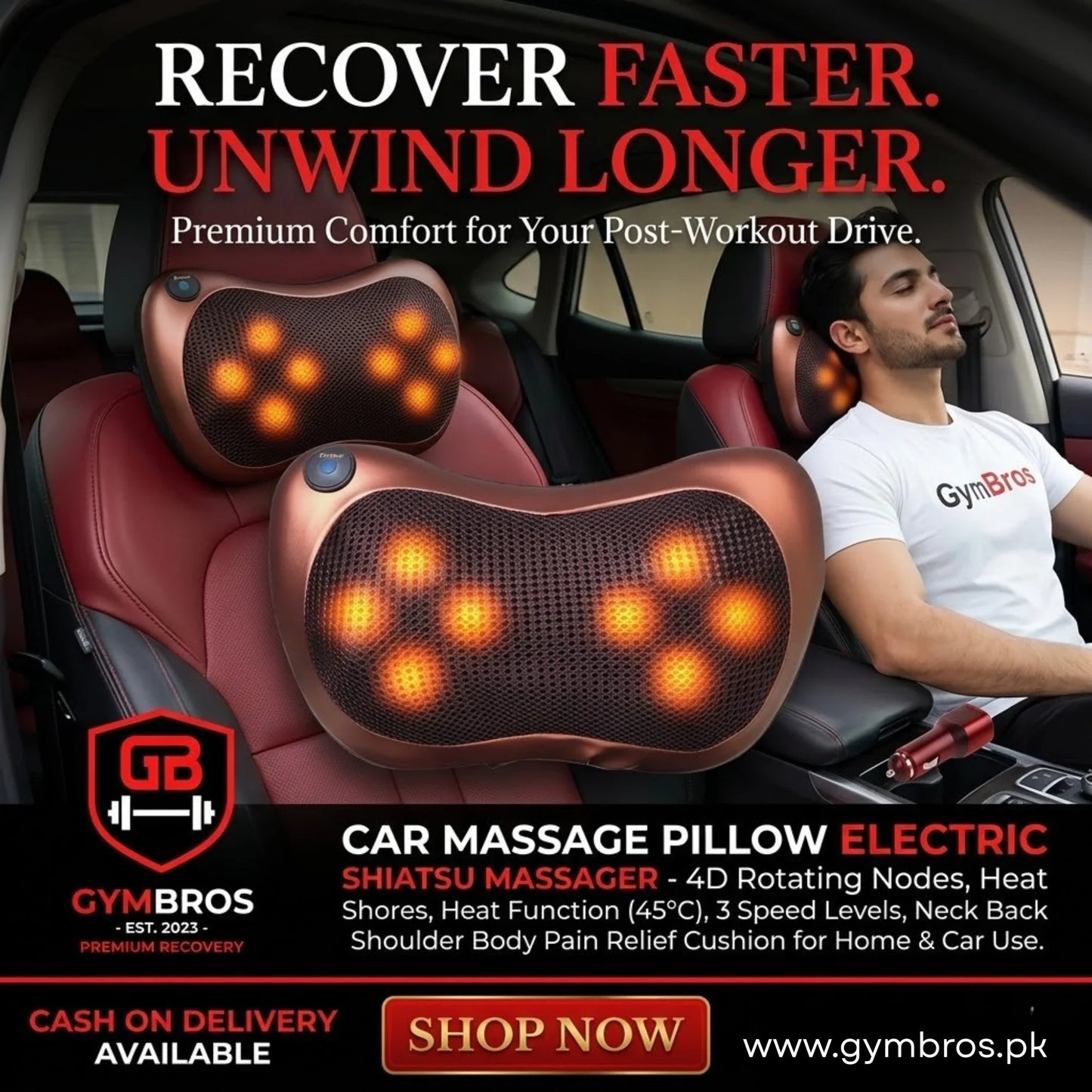 Car Massage Pillow Electric Shiatsu Massager – 4D Rotating Nodes, Heat Function (45°C), 3 Speed Levels, Neck Back Shoulder Body Pain Relief Cushion for Home & Car Use