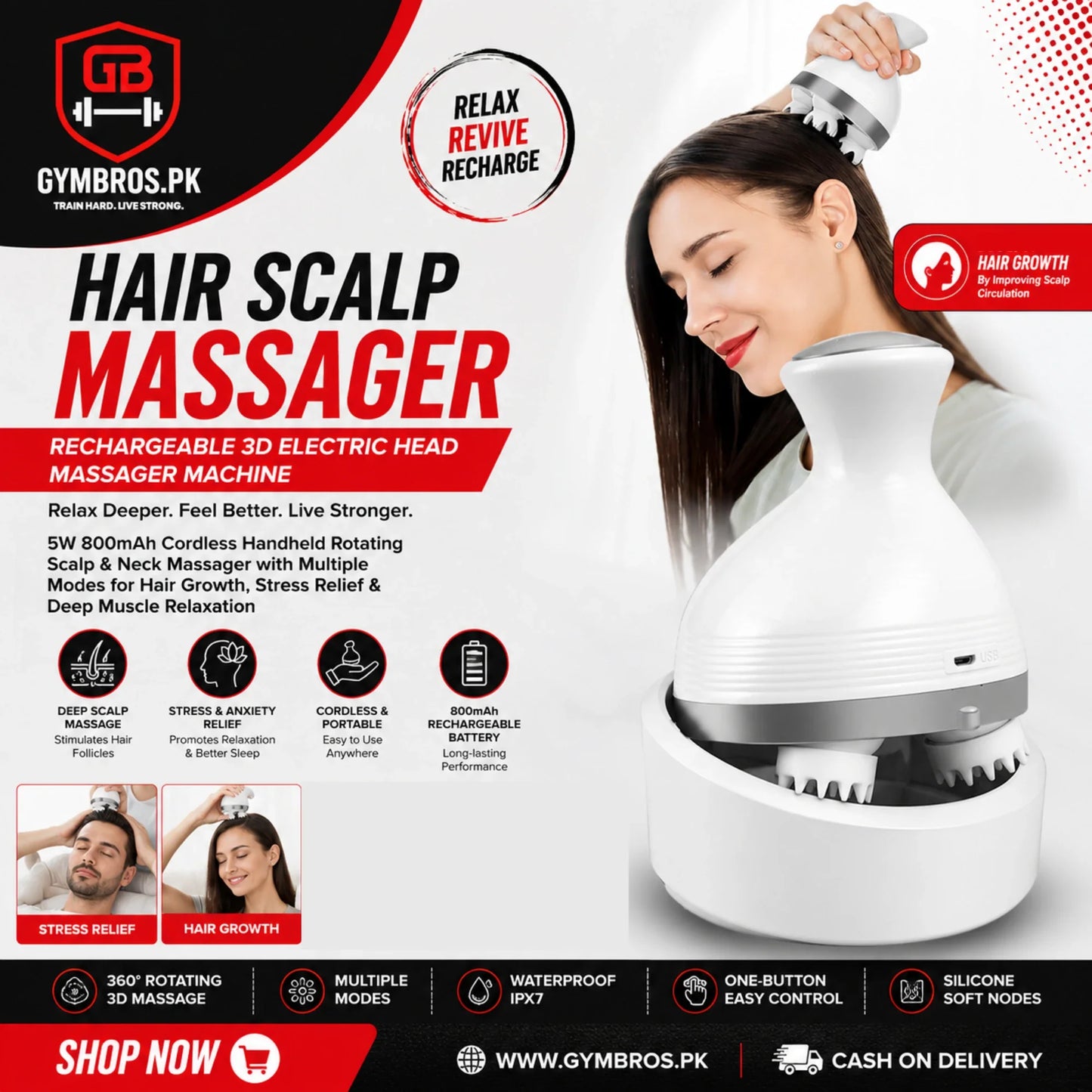 Hair Scalp Massager Rechargeable 3D Electric Head Massager Machine 5W 5V 800mAh Cordless Handheld Rotating Massage Device with Multiple Modes, 90–120 Min Runtime, 2–3 Hour Charging for Hair Growth & Relaxation
