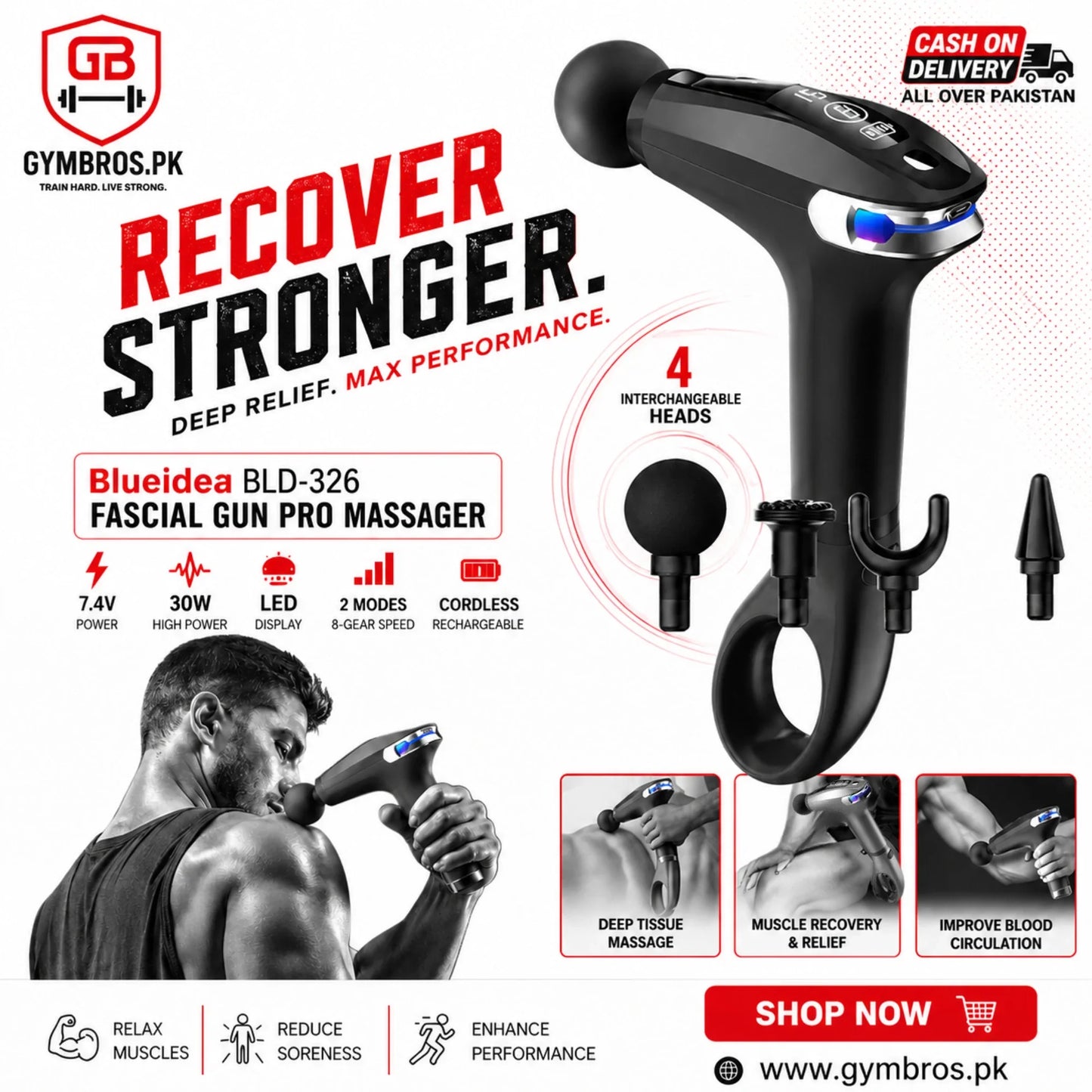 Blueidea BLD-326 Fascial Gun Pro Massager 7.4V 30W LED Display Extended Handle 2 Modes 8-Gear Speed Cordless Deep Tissue Massage Gun with 4 Heads for Muscle Relief & Recovery