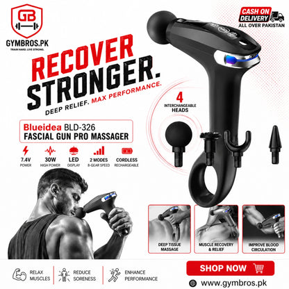 Blueidea BLD-326 Fascial Gun Pro Massager 7.4V 30W LED Display Extended Handle 2 Modes 8-Gear Speed Cordless Deep Tissue Massage Gun with 4 Heads for Muscle Relief & Recovery