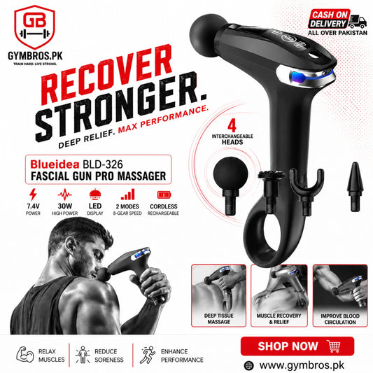 Blueidea BLD-326 Fascial Gun Pro Massager 7.4V 30W LED Display Extended Handle 2 Modes 8-Gear Speed Cordless Deep Tissue Massage Gun with 4 Heads for Muscle Relief & Recovery