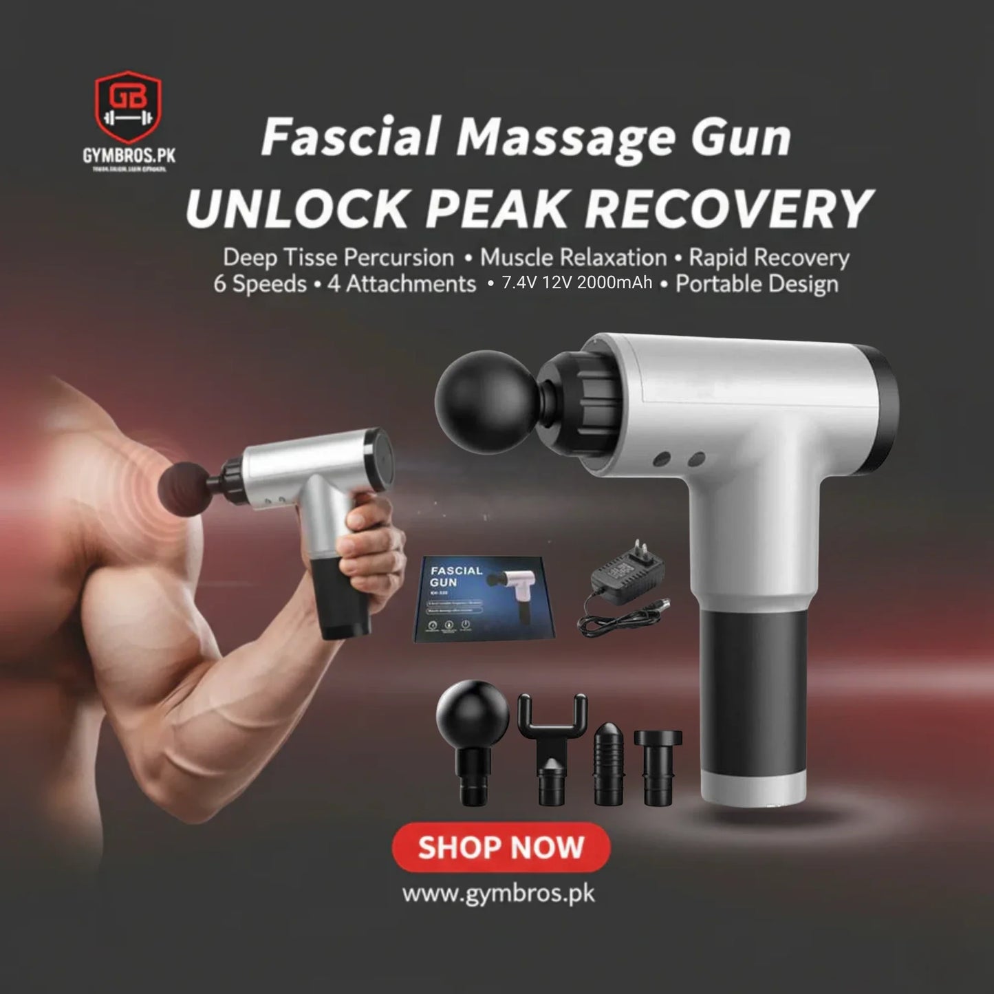 Fascial Gun Deep Muscle Massager 7.4V 12V 2000mAh Li-ion Battery 1800–3200 RPM 5 Speed 6 Level Adjustment Deep Tissue Massage Gun with 4 Heads for Muscle Pain Relief & Recovery