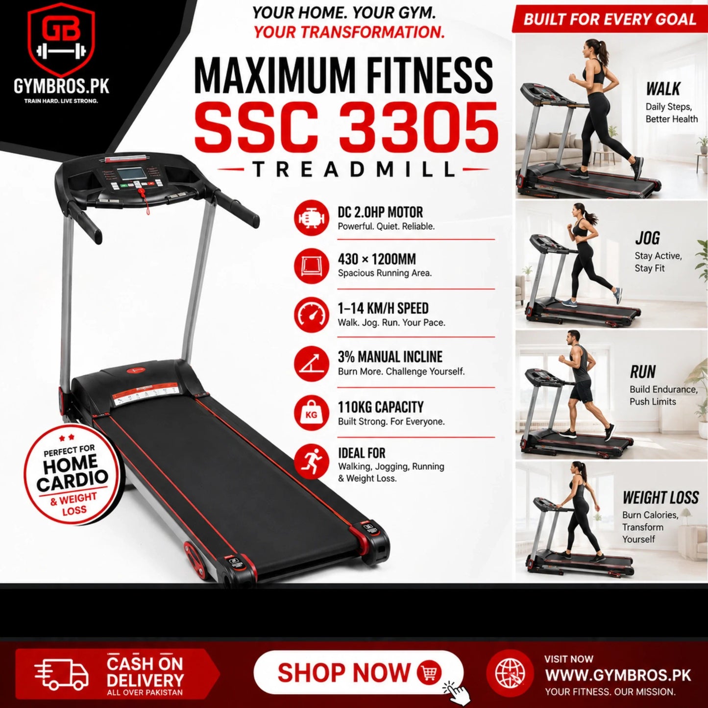 Maximum Fitness SSC 3305 Treadmill, DC 2.0HP Motor, 430 × 1200MM Running Area, 1–14 KM/H Speed Range, 3% Manual Incline, 110KG User Capacity, Motorized Home Fitness Treadmill for Walking, Jogging, Running & Weight Loss