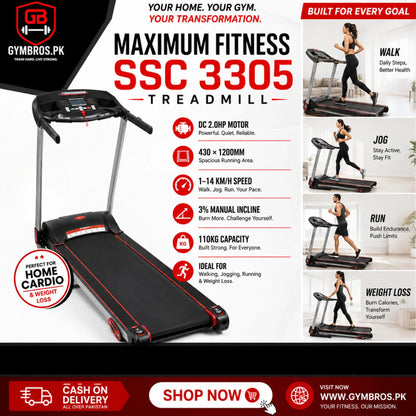 Maximum Fitness SSC 3305 Treadmill, DC 2.0HP Motor, 430 × 1200MM Running Area, 1–14 KM/H Speed Range, 3% Manual Incline, 110KG User Capacity, Motorized Home Fitness Treadmill for Walking, Jogging, Running & Weight Loss