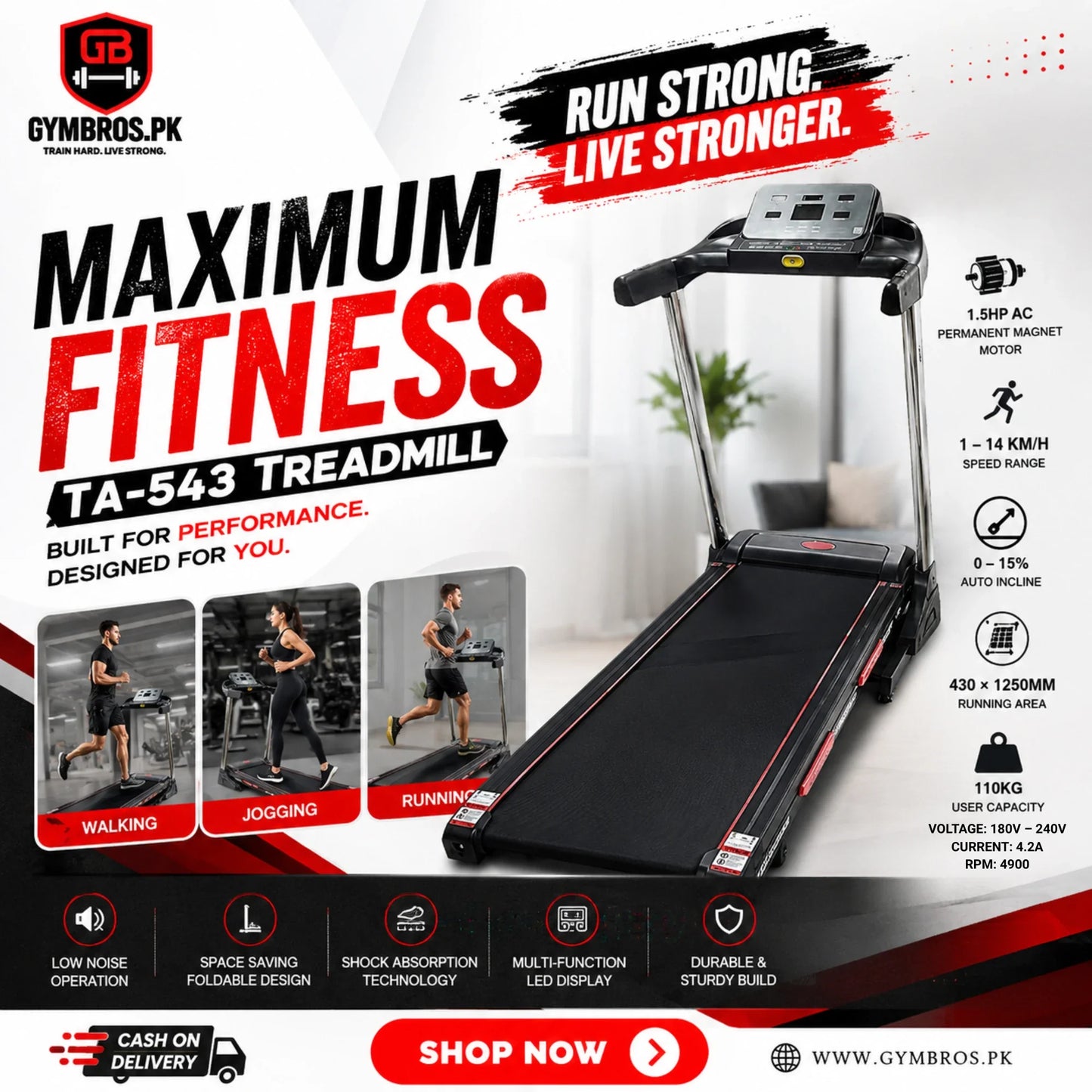 TA-543 Treadmill, 1.5HP AC Permanent Magnet Motor, 430 × 1250MM Running Area, 1–14 KM/H Speed Range, 0–15% Auto Incline, 110KG User Capacity, Motorized Home & Gym Fitness Treadmill for Walking, Jogging & Running