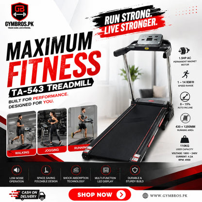 TA-543 Treadmill, 1.5HP AC Permanent Magnet Motor, 430 × 1250MM Running Area, 1–14 KM/H Speed Range, 0–15% Auto Incline, 110KG User Capacity, Motorized Home & Gym Fitness Treadmill for Walking, Jogging & Running