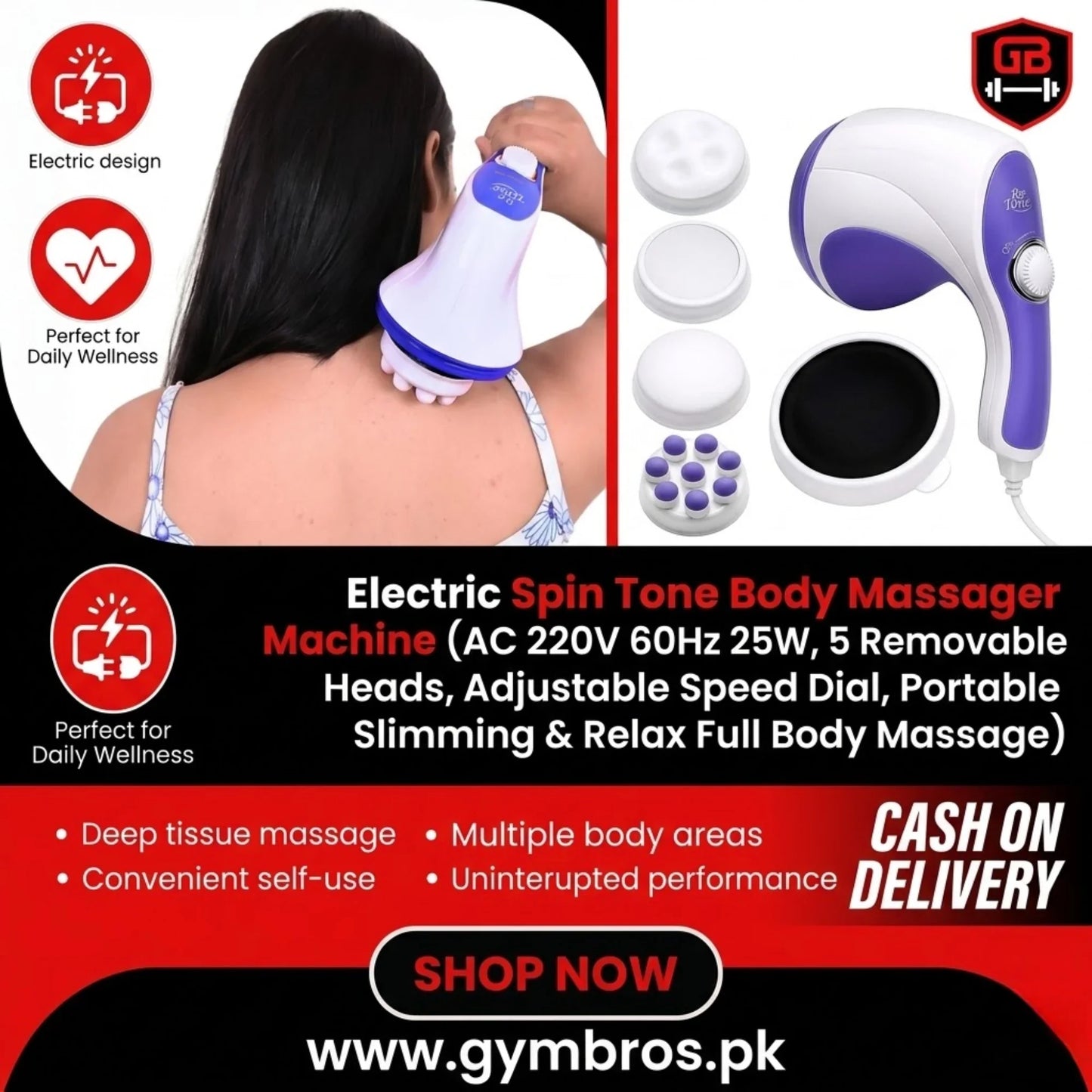 Electric Spin Tone Body Massager Machine AC 220V 60Hz 25W with 5 Removable Heads, Adjustable Speed, Dial Control, 7.5cm Roller Head, Portable 1.0kg Slimming & Relax Full Body Massage Device