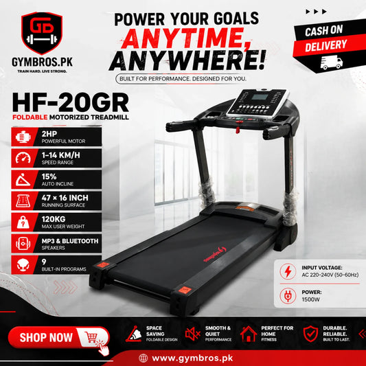 HF-20GR Foldable Motorized Treadmill, 2HP Motor, 1–14 KM/H Speed, 15% Auto Incline, 47×16 Inch Running Surface, 120KG Capacity, Input Voltage: AC 220–240V (50–60Hz) Power: 1500W,  MP3 & Bluetooth Speakers, 9 Programs, Home Fitness Treadmill