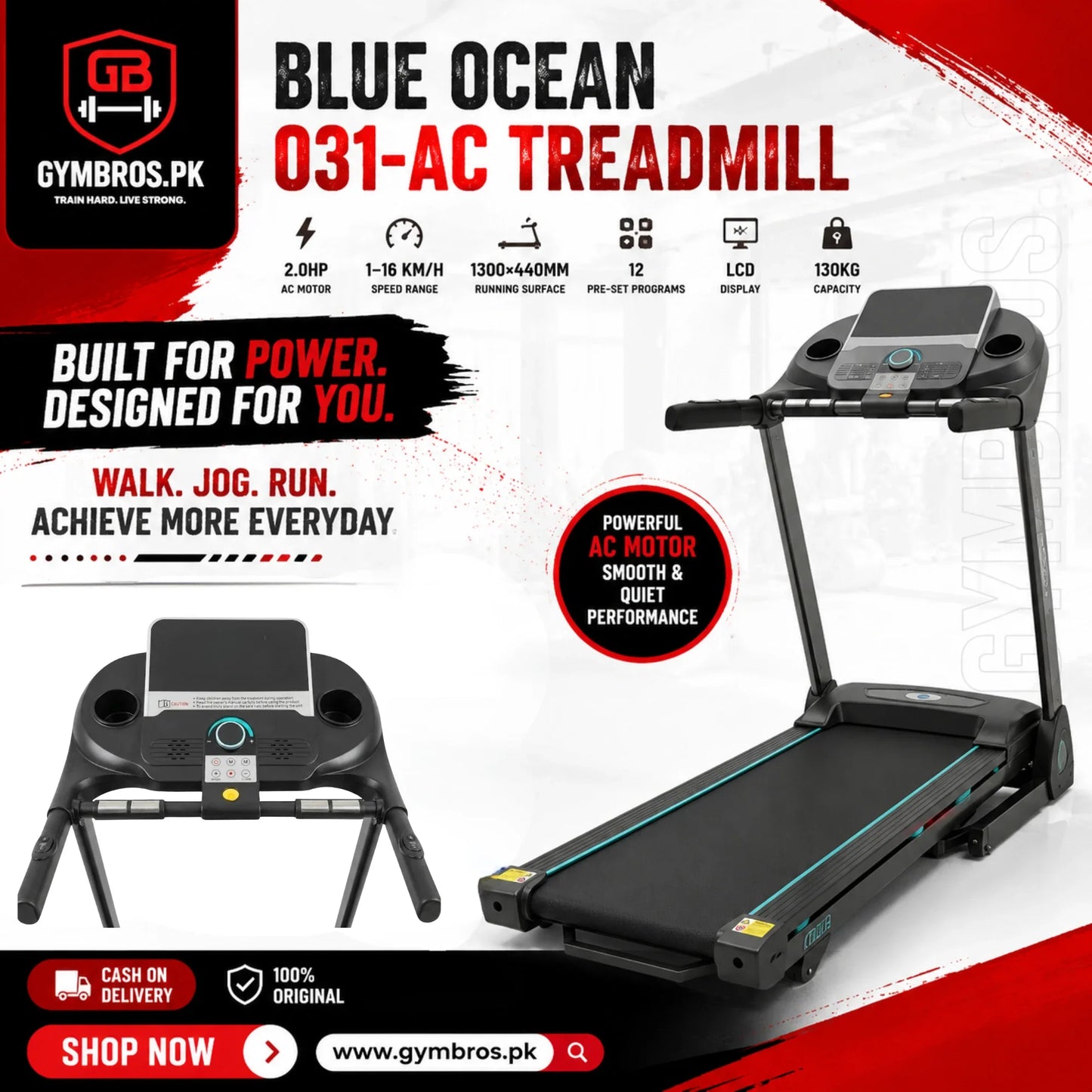BLUE OCEAN 031-AC Treadmill, 2.0HP AC Motor, 1–16 KM/H Speed Range, 1300×440MM Running Surface, 12 Pre-Set Programs, LCD Display, 130KG Capacity, Motorized Home & Gym Fitness Treadmill for Walking, Jogging & Running