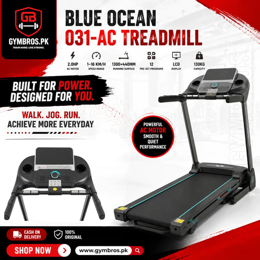 BLUE OCEAN 031-AC Treadmill, 2.0HP AC Motor, 1–16 KM/H Speed Range, 1300×440MM Running Surface, 12 Pre-Set Programs, LCD Display, 130KG Capacity, Motorized Home & Gym Fitness Treadmill for Walking, Jogging & Running