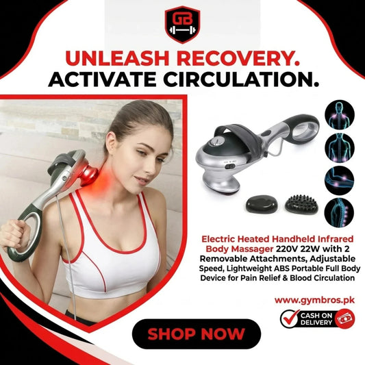 Electric Heated Handheld Infrared Body Massager 220V 22W with 2 Removable Attachments, Adjustable Speed, Lightweight ABS Portable Full Body Massage Device for Pain Relief & Blood Circulation, 41 × 11 cm (16.15 × 4.33 inches)