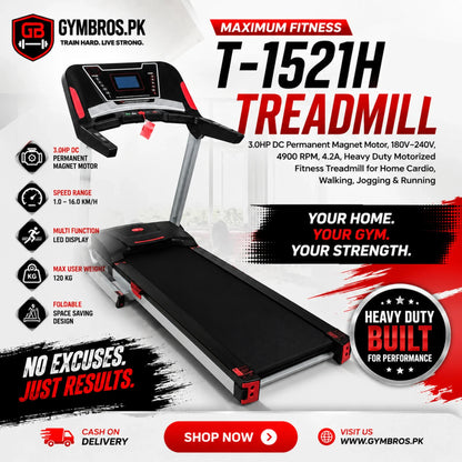 Maximum Fitness T-1521H Treadmill, 3.0HP DC Permanent Magnet Motor, 180V–240V, 4900 RPM, 4.2A, Heavy Duty Motorized Fitness Treadmill for Home Cardio, Walking, Jogging & Running