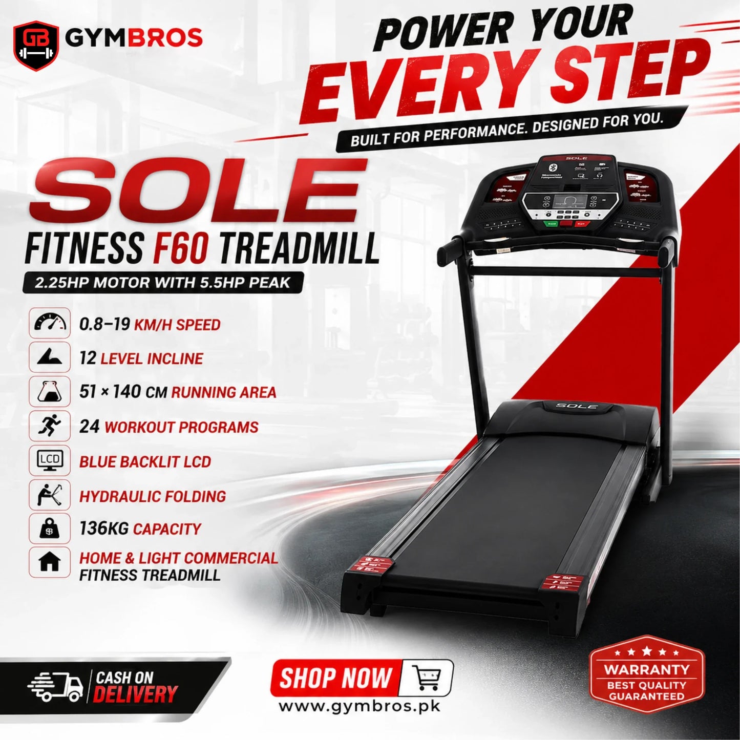 SOLE Fitness F60 Treadmill, 2.25HP Motor with 5.5HP Peak, 0.8–19 KM/H Speed, 12 Level Incline, 51 × 140 CM Running Area, 24 Workout Programs, Blue Backlit LCD, Hydraulic Folding, 136KG Capacity, Home & Light Commercial Fitness Treadmill