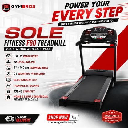 SOLE Fitness F60 Treadmill, 2.25HP Motor with 5.5HP Peak, 0.8–19 KM/H Speed, 12 Level Incline, 51 × 140 CM Running Area, 24 Workout Programs, Blue Backlit LCD, Hydraulic Folding, 136KG Capacity, Home & Light Commercial Fitness Treadmill