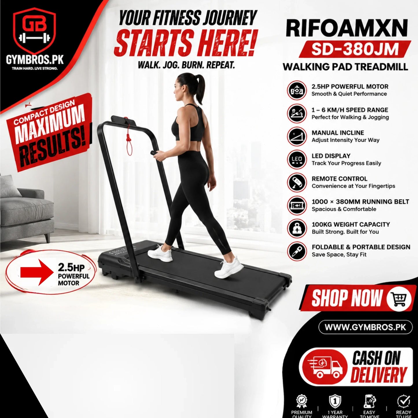 RIFOAMXN SD-380JM Walking Pad Treadmill, 2.5HP Motor, 1–6 KM/H Speed, Foldable Portable Design, Manual Incline, LED Display, Remote Control, 1000 × 380MM Running Belt, 100KG Capacity, Indoor Walking & Jogging Treadmill for Home Use