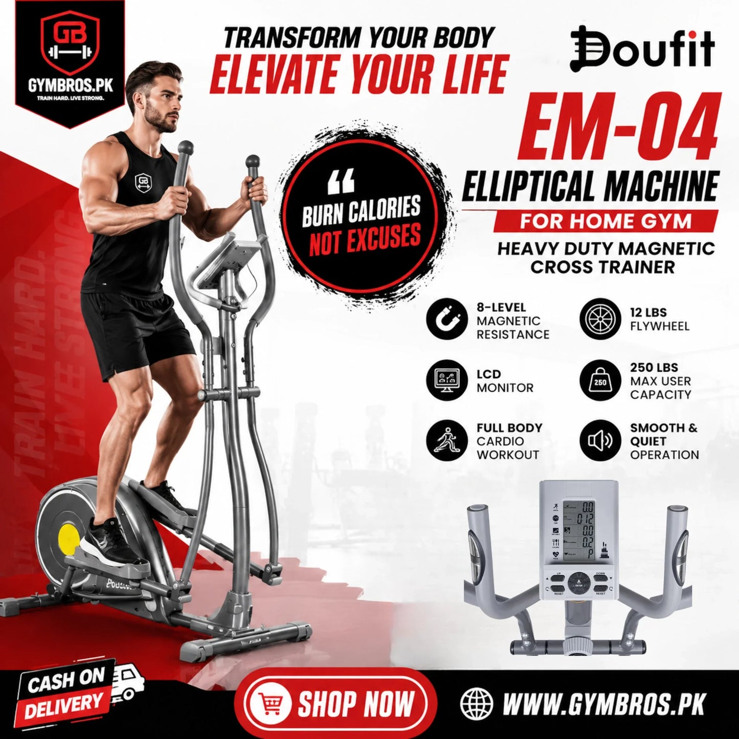 Doufit EM-04 Elliptical Machine for Home Gym | Heavy Duty Magnetic Cross Trainer 8-Level Resistance, 12 lbs Flywheel, LCD Monitor, 250 lbs Capacity Full Body Cardio Fitness Equipment
