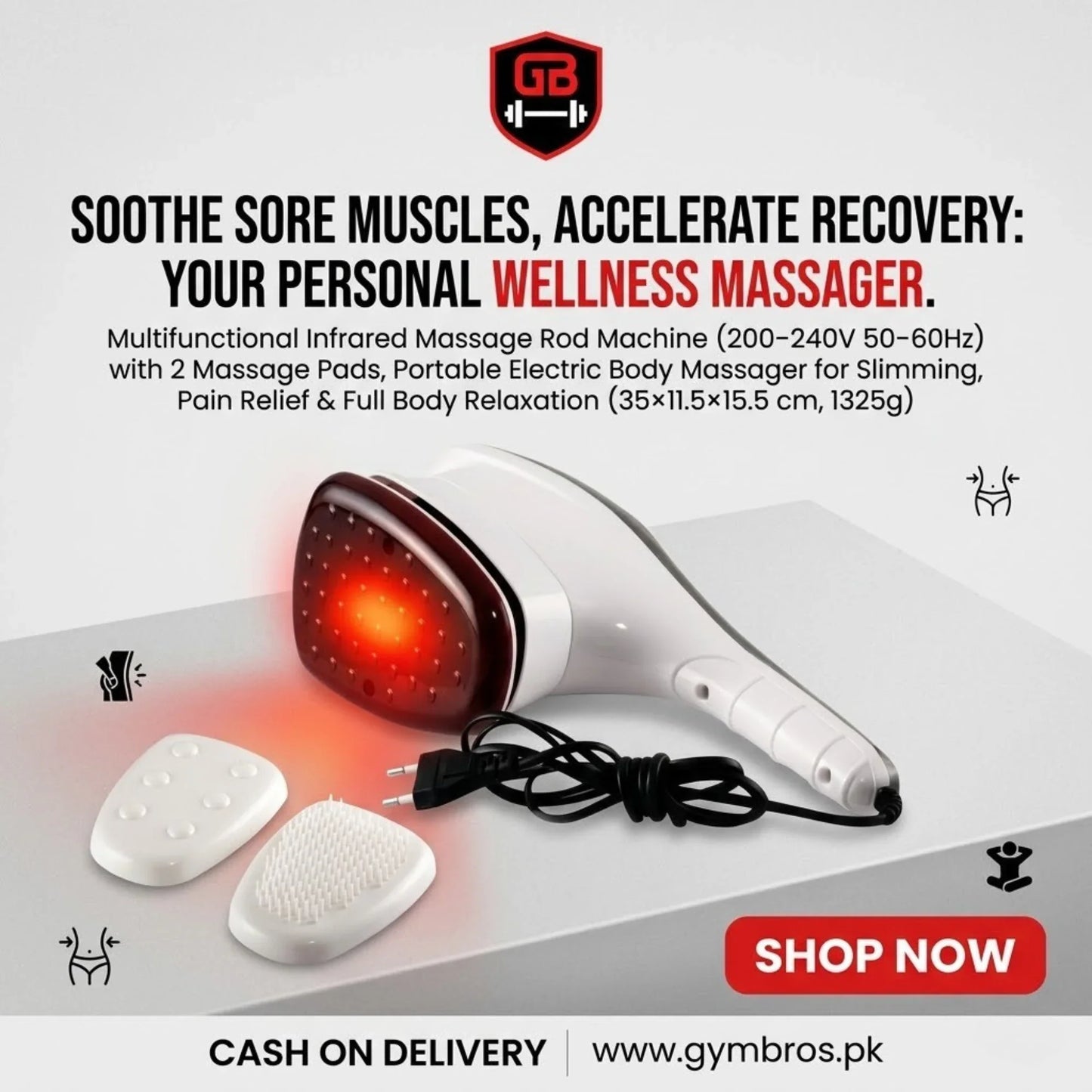 Multifunctional Infrared Massage Rod Machine 200–240V 50–60Hz with 2 Massage Pads, Portable Electric Body Massager for Slimming, Pain Relief & Full Body Relaxation (35×11.5×15.5 cm, 1325g)