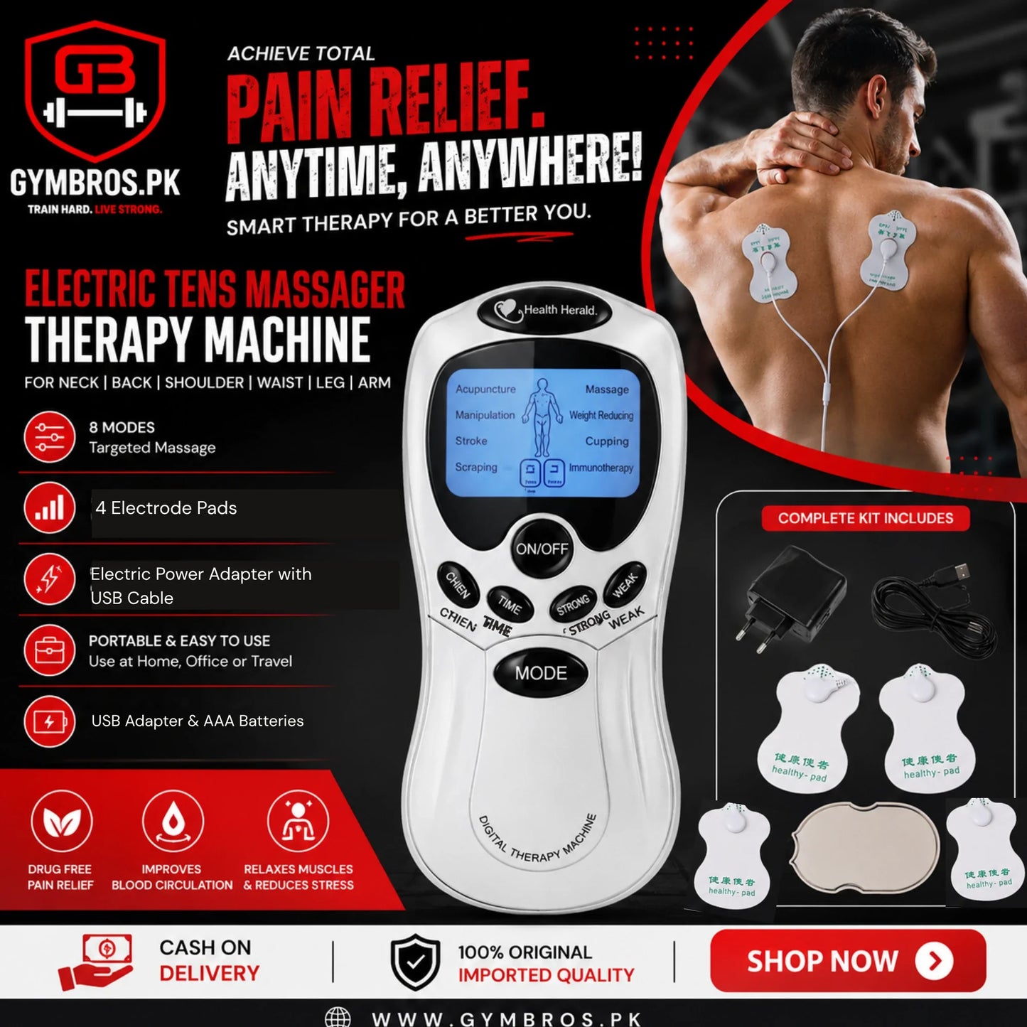 Inditradition 8 in 1 Digital Therapy Machine Electric Muscle Stimulator with Acupuncture & Vibration Modes, Pain Relief Pulse Massager with 4 Electrode Pads, Palm Device, USB Adapter & AAA Batteries