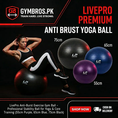 LivePro Anti-Burst Exercise Gym Ball – Professional Stability Ball for Yoga & Core Training (55cm Purple, 65cm Blue, 75cm Black)