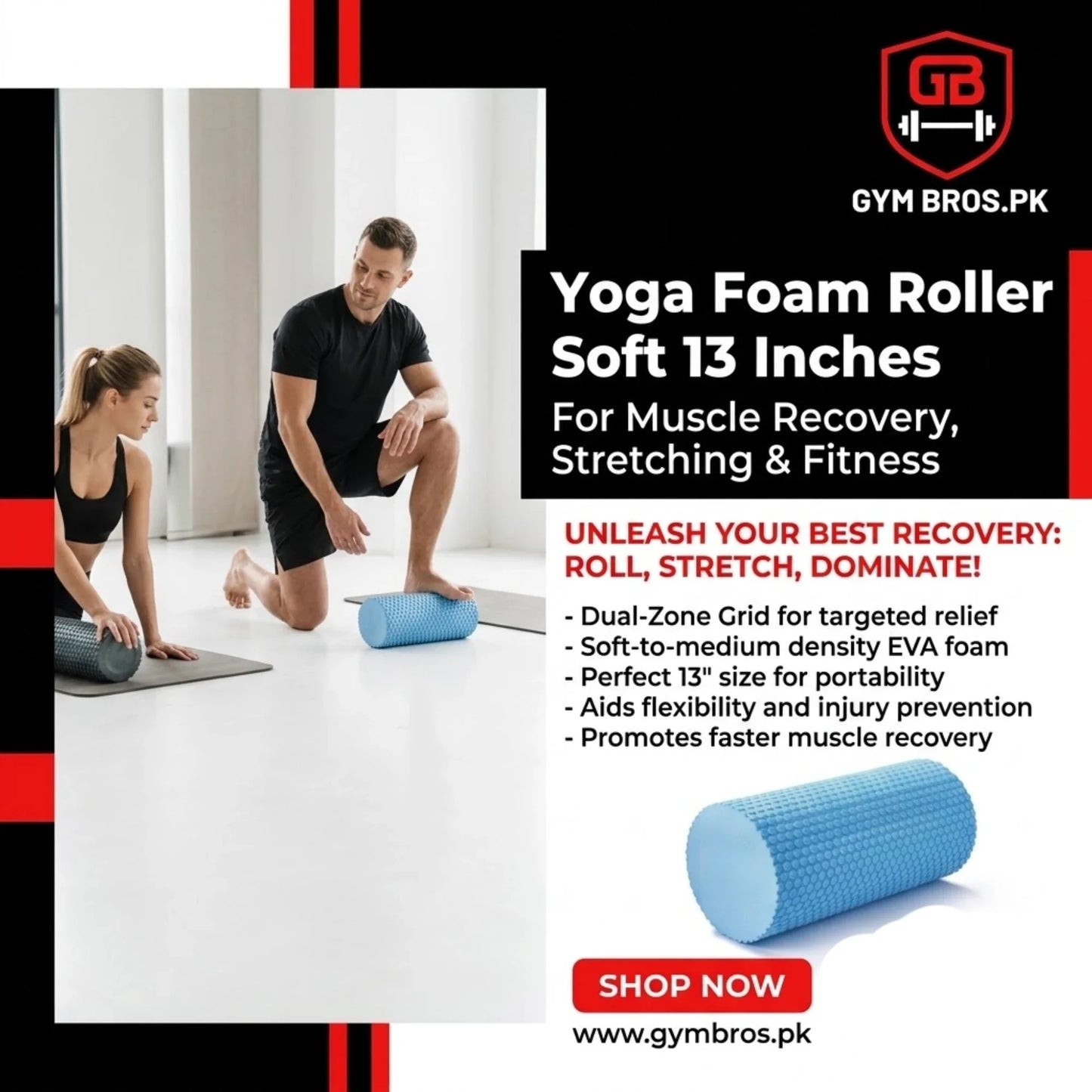 Yoga Foam Roller Soft (13 & 18 Inches) | EVA Muscle Massage Roller for Recovery, Stretching, Pilates & Home Gym Use