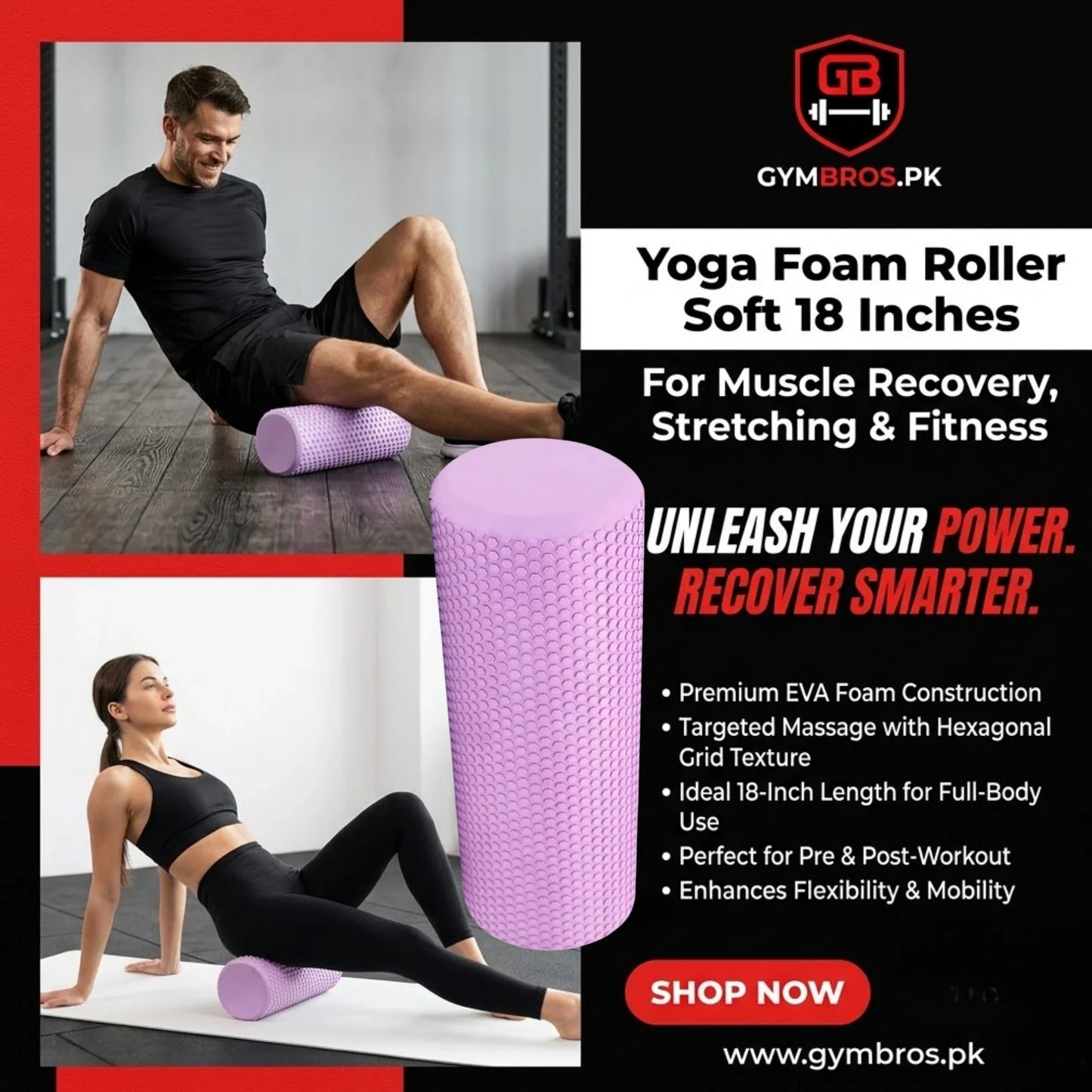 Yoga Foam Roller Soft (13 & 18 Inches) | EVA Muscle Massage Roller for Recovery, Stretching, Pilates & Home Gym Use